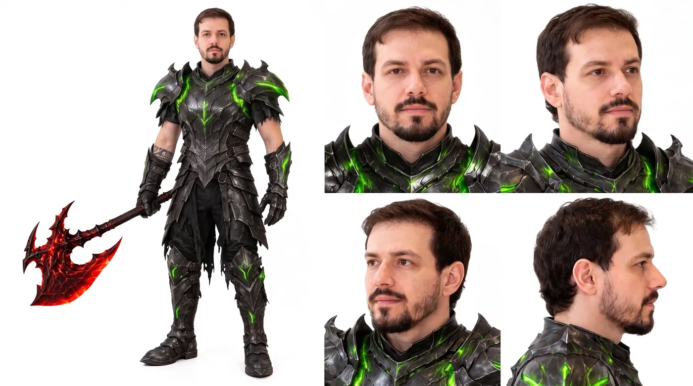 Folha de personagem: corpo inteiro e quatro ângulos do rosto
